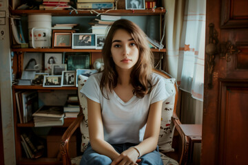 自分の部屋、家具に囲まれて座る若い女性