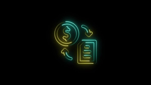 Glowing neon line Dollar rate decrease icon isolated on black background. Cost reduction. Money symbol with arrow and neon file document icon.