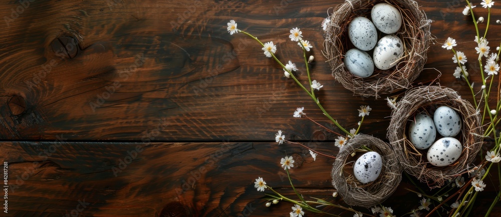 Poster spring blossoming branches and colorful easter eggs on rustic wooden background. top view with copy 