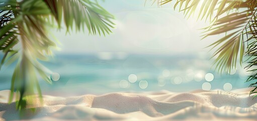 Fototapeta premium Beautiful blurred background of a sandy tropical beach and palm leaves with copy space for product display, conveying a summer vacation concept
