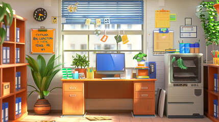 A tidy school office with a desk, computer, and back-to-school decorations.