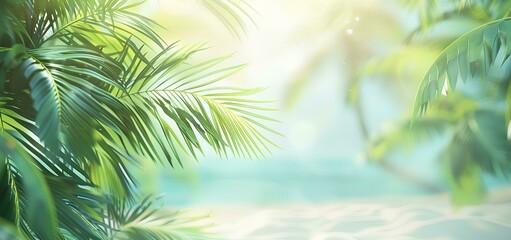 Beautiful blurred background of a sandy tropical beach and palm leaves with copy space for product display, conveying a summer vacation concept