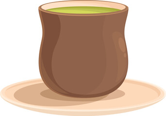 Brown earthenware tea cup full of green matcha tea is resting on a matching saucer