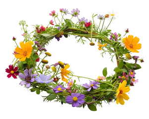 Beautiful floral crown, wreath with colorful flowers on transparent background