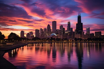 Obraz premium Buckingham Fountain shines at sunset on the Grant Park of Chicago., generative IA