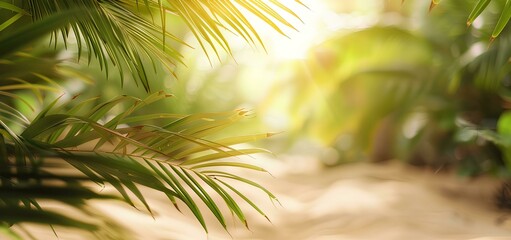 Fototapeta premium Beautiful blurred background of a sandy tropical beach and palm leaves with copy space for product display, conveying a summer vacation concept