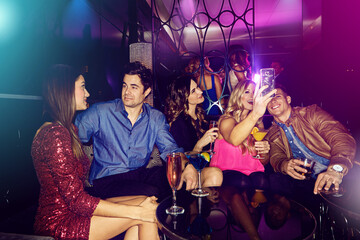 People, selfie or friends in nightclub with drinks, smile or cocktails for memory, vip event or...
