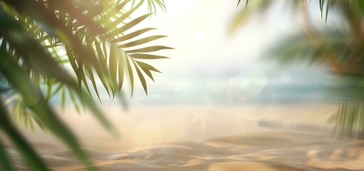 Beautiful blurred background of a sandy tropical beach and palm leaves with copy space for product display, conveying a summer vacation concept