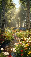 Obraz premium A tranquil forest glade with a stream and wildflowers, realistic.