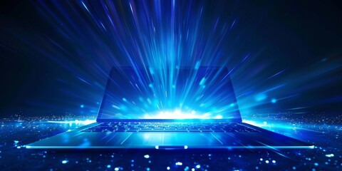 Satellite view shows a vast digital metropolis filled with electronic life and interconnected data streams, a computer emitting signal light, blue technology theme, computer screen showing cross, fres