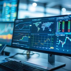 Dashboard displaying real-time stock market data and analytics in a modern financial office during business hours
