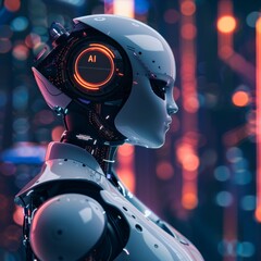 Fototapeta premium Artifical Intelligence AI, overlay numbers and data against a human face or screen, robots, futuristic tomorrow in the news 