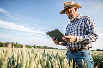 The agronomist uses software to process online data for digital farming. A farmer with a tablet computer in his hands stands in a wheat field.