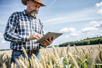 The agronomist uses software to process online data for digital farming. A farmer with a tablet computer in his hands stands in a wheat field.