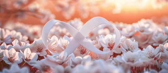 March 8th floral card with white number 8 and white and beige flowers. Blurred background with flowering branches in light beige.