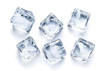 Ice cubes collection top view isolated on white background