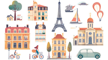 France and Paris cute flat illustrations of Eiffel tower, alleys, street, houses, woman on bicycle, triumphal arch, car on white background. France travel, landmarks. Sticker set