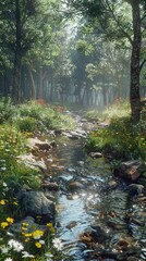 Obraz premium A tranquil forest stream, realistic.