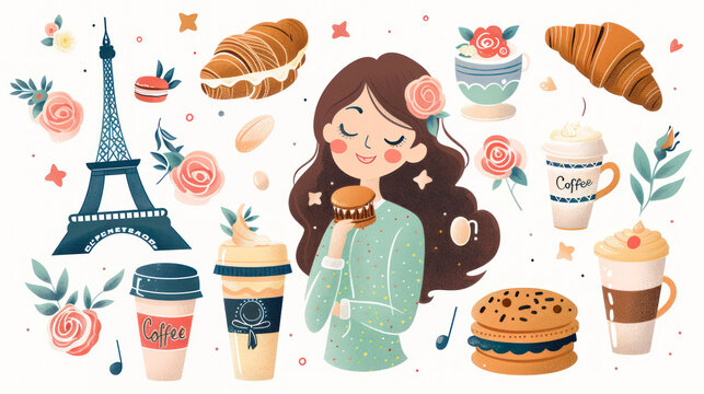 France and Paris cute sticker set of Eiffel tower, cafe, croissant, macaroons, beautiful girl holding photo camera, roses bouquet, cappuccino on white background. Flat illustration. Travel, vacation