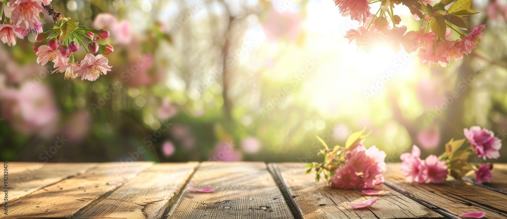 Poster an empty wooden table with sakura and bokeh. mockup, copy space. stock stock.
