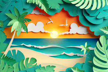 Vibrant paper cut illustration with tropical beach at sunset. Palm trees and seagulls flying over turquoise water. Tranquil and idyllic summer vacation concept