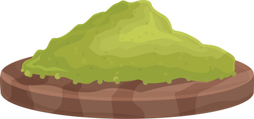 Pile of green matcha powder sitting on round wooden cutting board