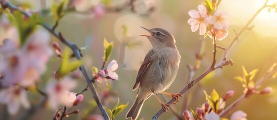 An artificially generated sparrow bird sits on an apple tree branch in blossom.