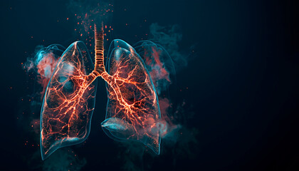 Glowing bronchial tree in lung. Abstract respiratory system isolated on black background.