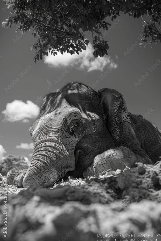 Poster aesthetic image of an elephant with under-eye patches, resting in the shade,