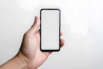 Man hand holding cell phone mock up isolated on white background