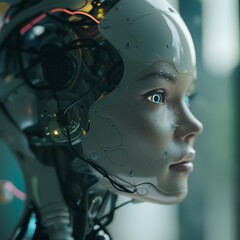 Obraz premium Artifical Intelligence AI, overlay numbers and data against a human face or screen, robots, futuristic tomorrow in the news 