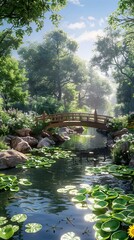 A tranquil pond with lily pads, frogs, dragonflies, and a wooden bridge, realistic.