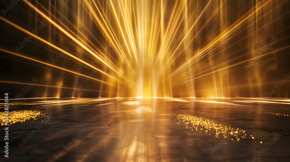 Poster digital background featuring golden light rays on a black floor. perfect for creating a vibrant and 