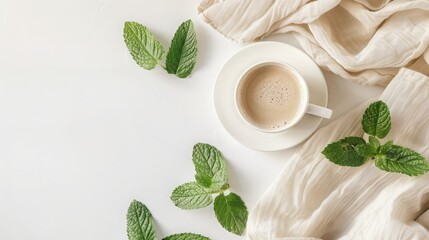 A cup of coffee with mint leaves on a white background top view