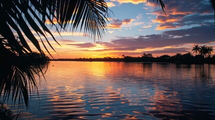 A wide-angle photo showcasing a tranquil tropical lake at sunset, with vibrant colors reflected on the waters surface and palm trees silhouetted against the sky