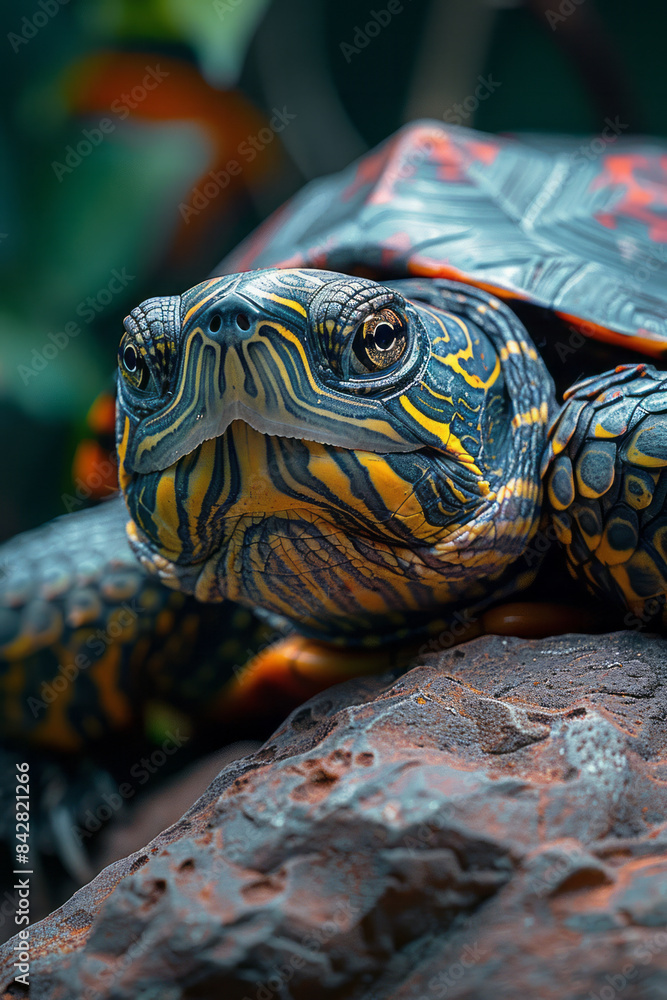 Aufkleber detailed view of a turtle with under-eye patches, resting on a rock,