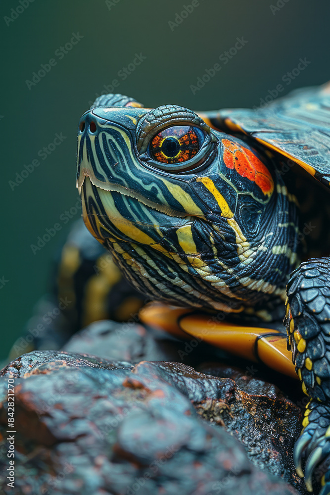 Aufkleber detailed view of a turtle with under-eye patches, resting on a rock,