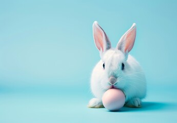 Obraz premium On blue background, surprised shocked bunny with Easter egg. Stock generated.