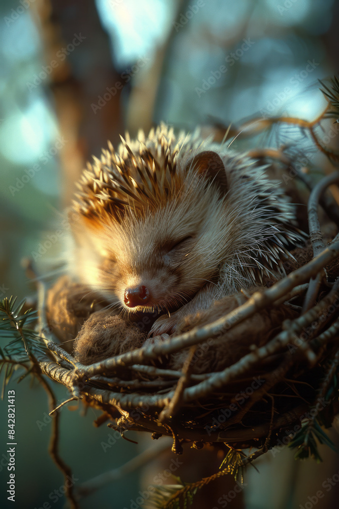 Poster close-up of a hedgehog with under-eye patches, curled up in a cozy nest,