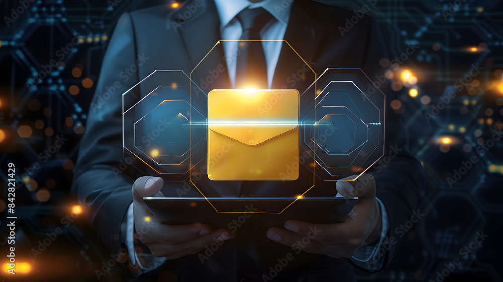 Poster digital graphic of a businessman holding a yellow document file icon with multiple hexagon shapes fl