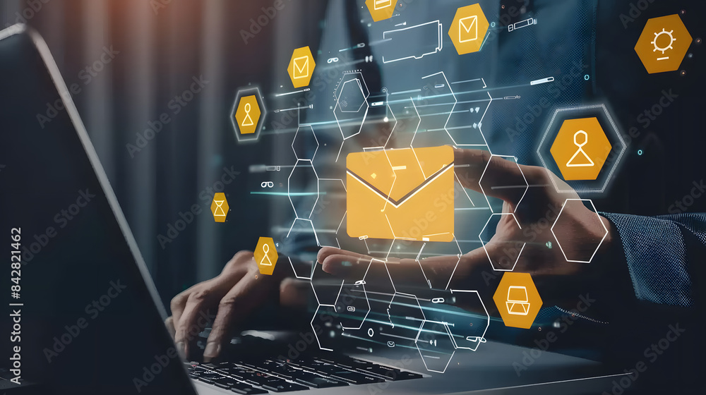 Poster digital graphic of a businessman holding a yellow document file icon with multiple hexagon shapes fl