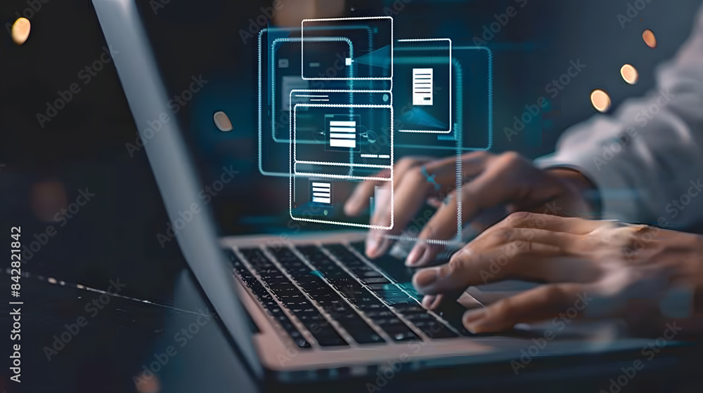 Poster digital graphic of hands typing on a laptop with digital document icons floating above. virtual docu
