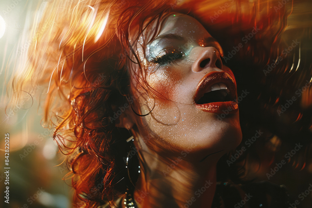 Poster dramatic shot of a drag queen in mid-performance, with dynamic lighting and shadows,