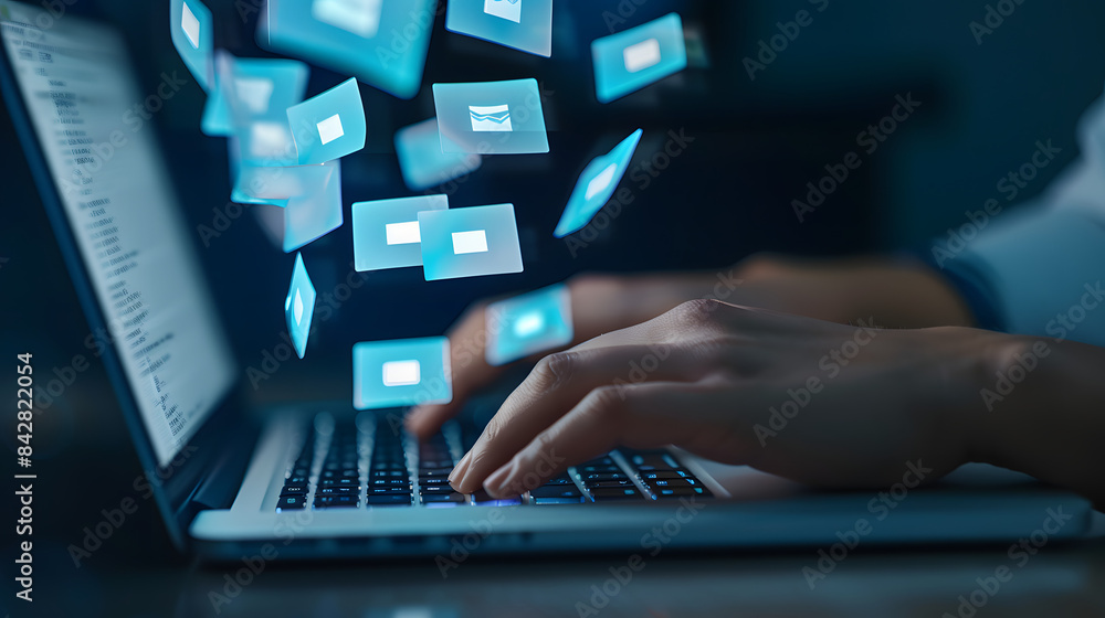 Poster digital graphic of hands typing on a laptop with digital document icons floating above. virtual docu