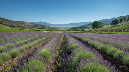 Lavender fields with rows of purple flowers under a clear blue sky