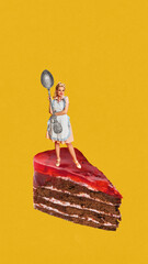 Elegant woman in vintage style clothing standing in cake with big spoon against bright yellow...