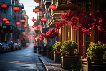 Chinatown of San Francisco at night, red lanterns and authentic stores., generative IA