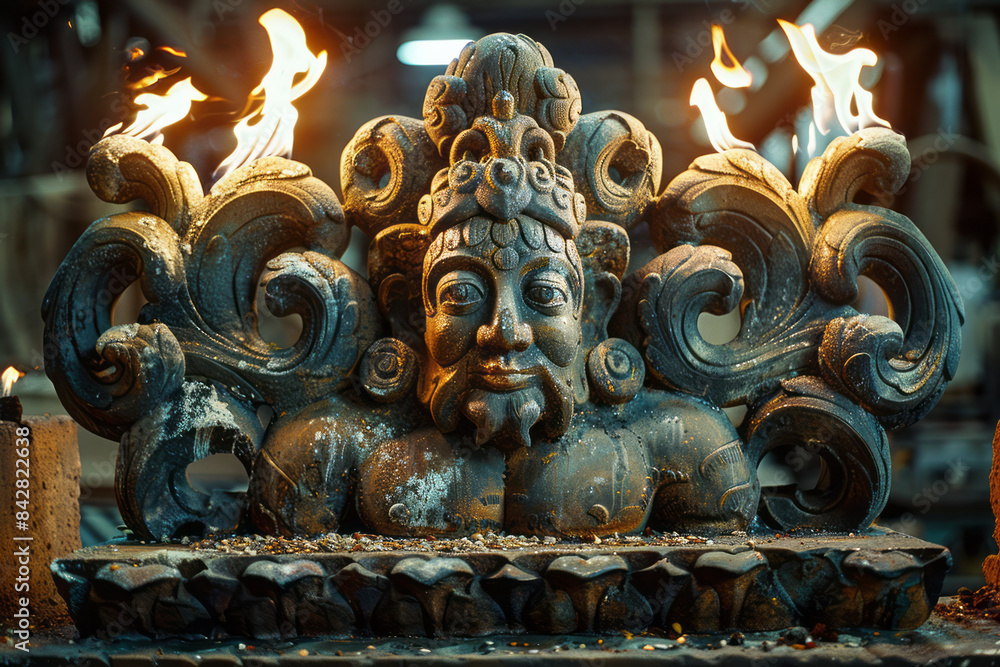 Aufkleber aesthetic image of a sculptor using a torch to add patina to a metal statue,