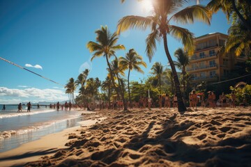 Sunny scene in Miami Beach with volleyball and coconut trees., generative IA