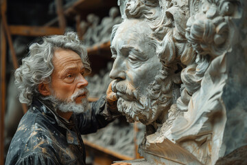 Elegant image of a sculptor applying finishing touches to a bronze sculpture,